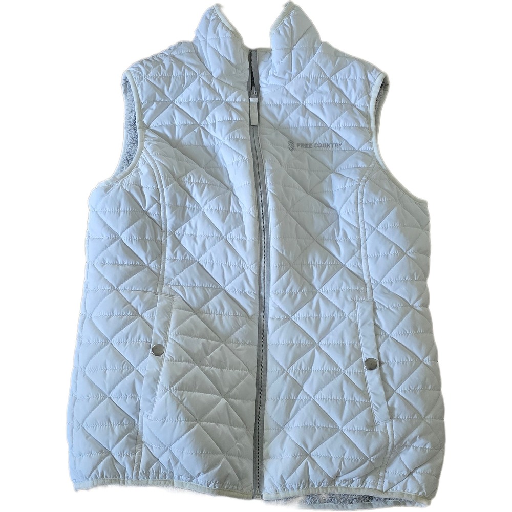 Free Country Womens Quilted Puffer Vest White Faux Fur Lined Full Zip Size Med